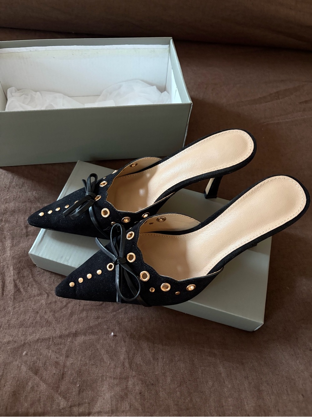Black Pointed Toe Mule Heels with Gold Eyelet Detail